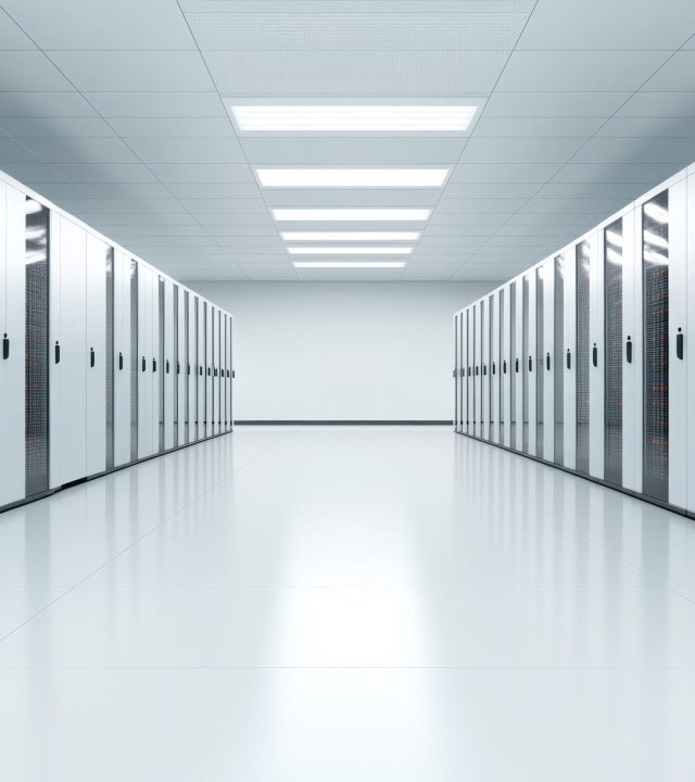 Expansive data center featuring rows of server racks in a modern, well-lit facility A spacious data center showcases numerous server racks aligned in neat rows, illuminated by overhead lighting. The polished floor adds to the high-tech atmosphere.